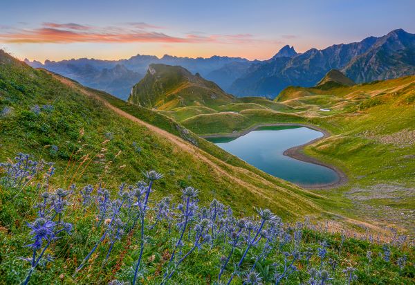 Lac en forme de cœur du Montagnon d'Iseye, et les fleurs chardons bleus.Tableau photo paysage, décoration murale. Pyrénées, montagne.